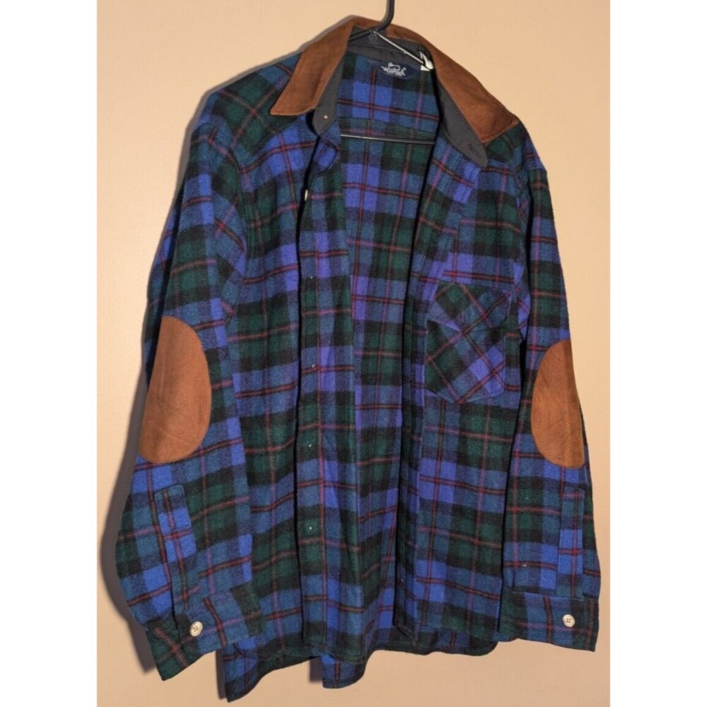 Vintage Woolrich Mens Sz Medium Plaid Wool Blend  w/Leather Elbow Patches - USA